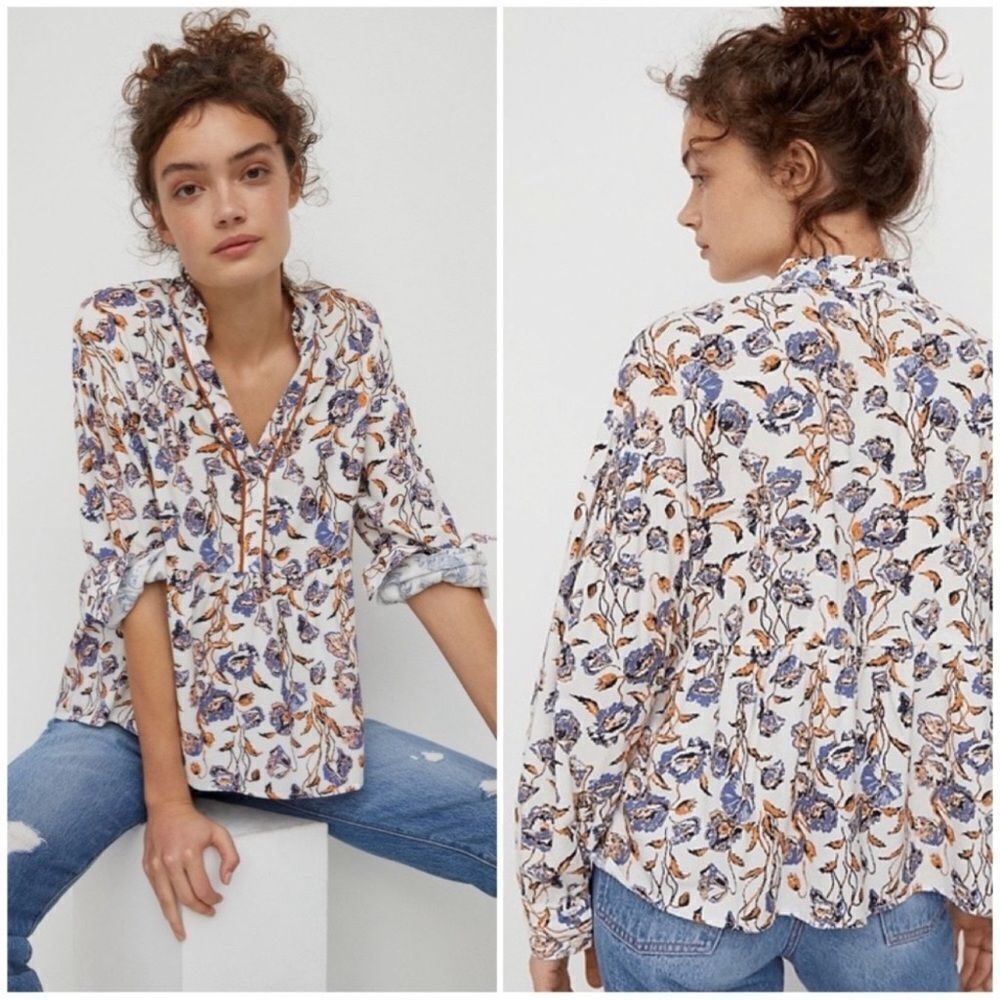 Anthropologie Porridge Keegan Ruffled Floral Babydoll Blouse Small Long Sleeve